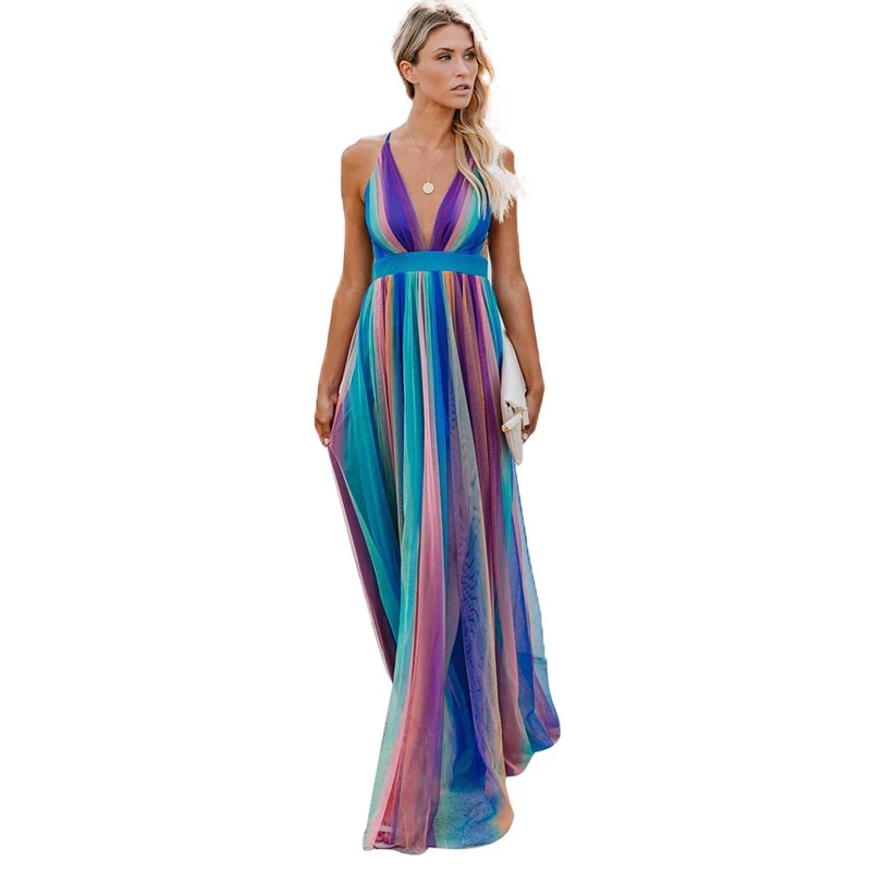 Женское сексуальное платье с открытой спиной, повседневное летнее платье в радужную полоску с v-образным вырезом, винтажное шифоновое платье макси, элегантное платье Vestidos - Цвет: Многоцветный
