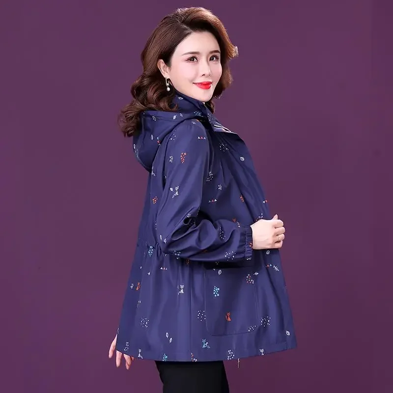 

Lining Spring Autumn Windbreaker Jacket Women 2024New Middle-Aged And Elderly Printed Female Coat Hooded Top Lady L637