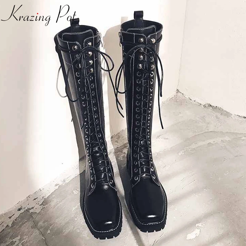 

krazing pot cow leather square toe rivets luxury riding boots handsome design med heel brand winter shoes thigh high boots l88