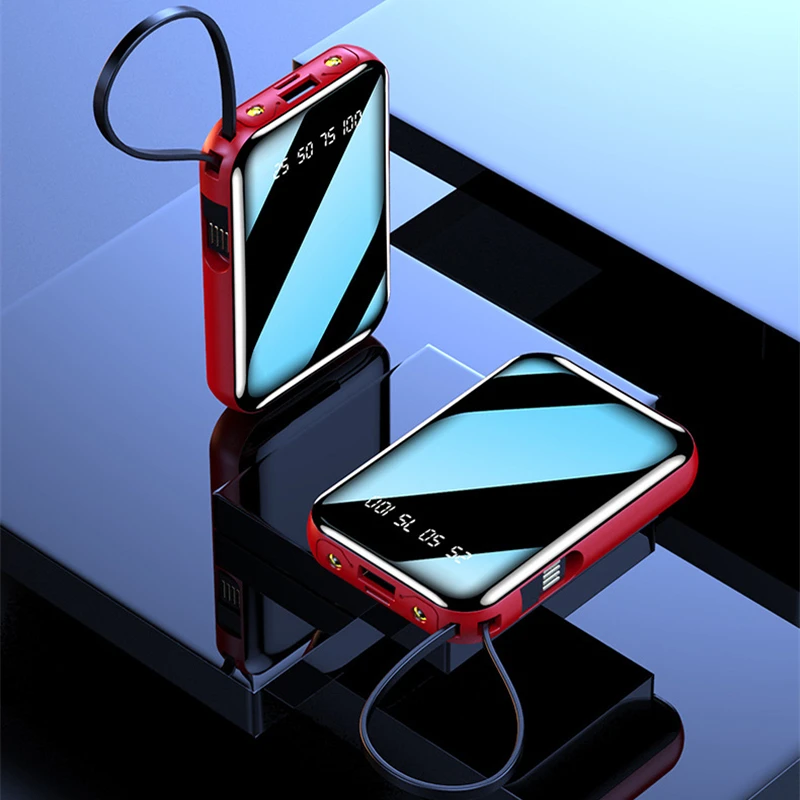 20000mAh Mini Power Bank with 4 Cable Portable Charger Full Mirror Screen Powerbank LED Display External Battery Pack Power Bank small power bank