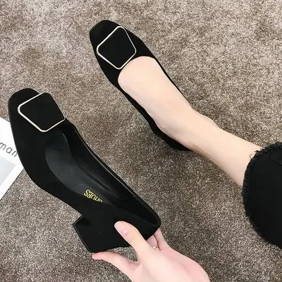 

Thick heel high heels small fresh 2020 new wild autumn suede square head black shallow single shoes women