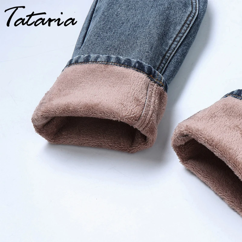 Tataria/обтягивающие джинсы с высокой талией для женщин, зимние теплые толстые винтажные прямые теплые джинсы, женские свободные повседневные штаны-шаровары Femme