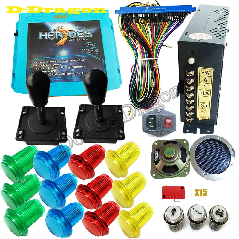 US $109.99 DIY arcade cabinet kit pandora heroes storm 645 in 1 game board arcade PCBjoystick LED push buttonWire harnesspower supply