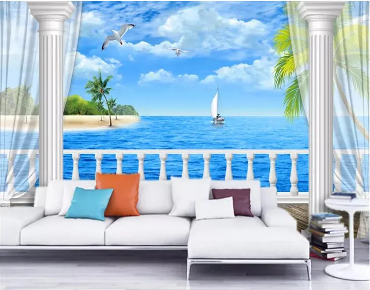 

Custom Mural Wallpaper Painting 3D HD Sea View Balcony Roman Column Modern Living Room Sofa TV Background Wall Photo Wallpaper