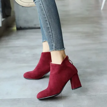 

2018 Eur 34-45 Big Size Suede Ladies Apricot Black Block High Heel Bootie Shoes Autumn Footwear Zipper Ankle Boots Women