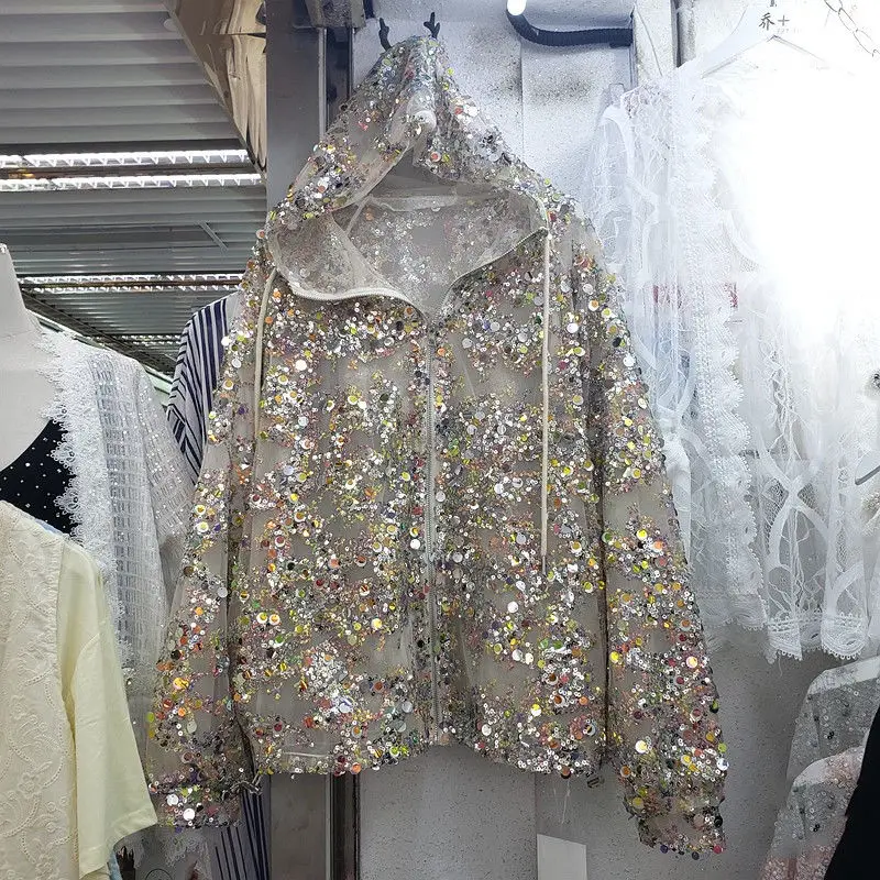 European And American Fashion 2021 Spring Summer New Heavy Industry Color Sequin Hollow Out Hooded Thin Coat Sunscreen Women | Женская