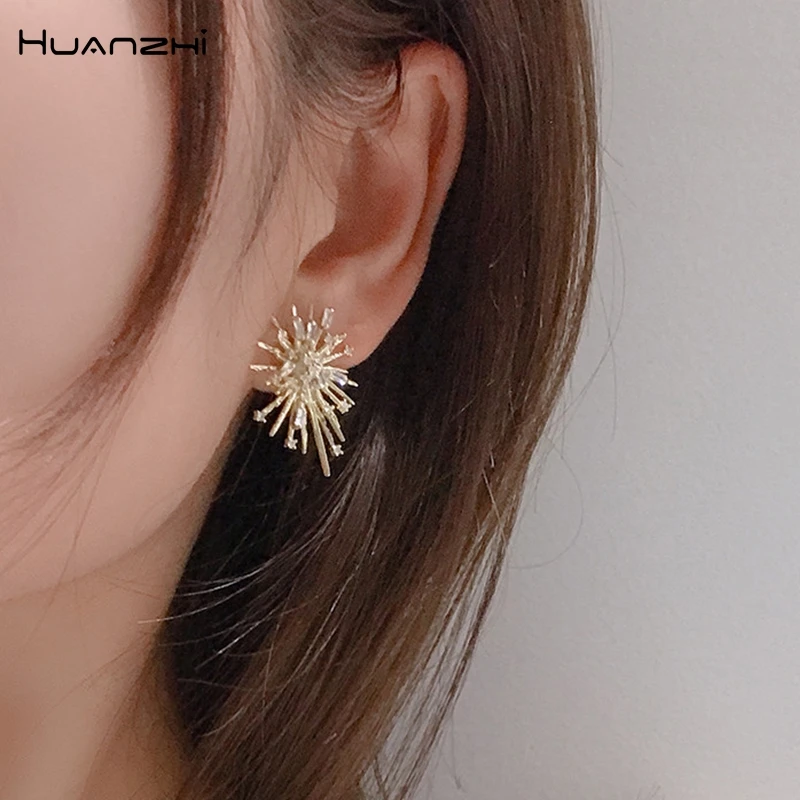 HUANZHI золото цвет Корейский Винтаж фейерверк геометрические Стразы Цветы серьги из серебра 925 для женщин модный подарок ювелирные изделия