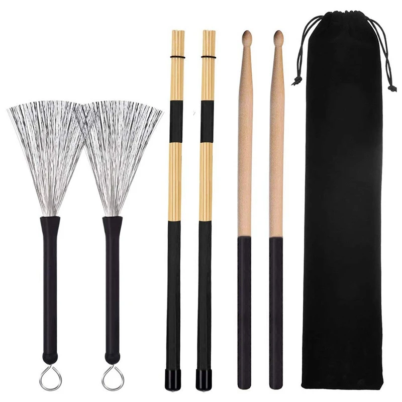 

ABUO-Drumstick Brush Set Contains Classic Maple Drumstick Retractable Drum Brush And Jazz Cutter Drum Brush 3 Pairs With Storage