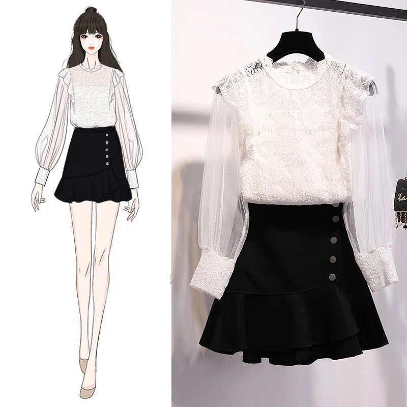 

Trendy Two-Piece Set WOMEN'S Dress 2019 Spring And Summer New Style Online Celebrity Celebrity Style Lace Upper Garment Nifty Sw