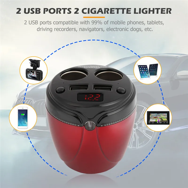 2 Way Автомобильный Разветвитель Прикуривателя 3.1A Dual USB Зарядное устройство 108W Мощность адаптер чашки Напряжение монитор