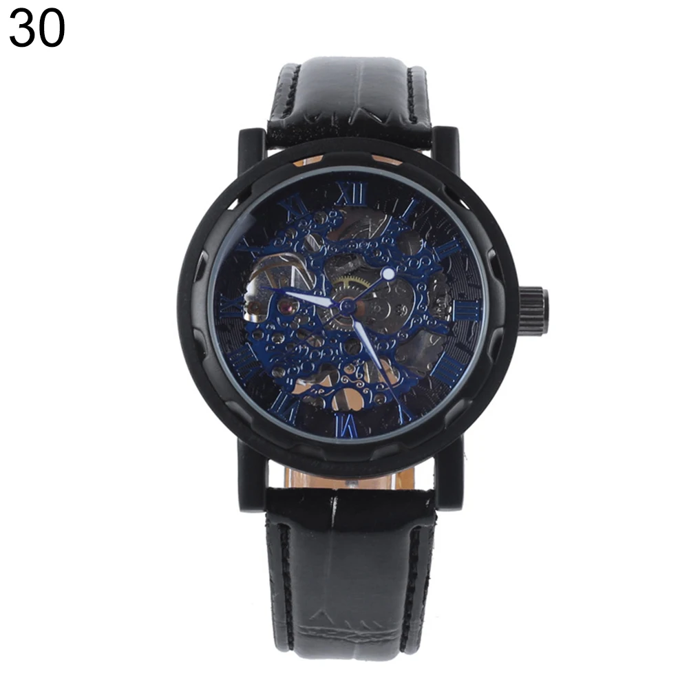 Men Top Faux Leather Band Roman Numerals Hand-Wind Mechanical Watches Waterproof Sports Army Automatic Skeleton Men Watch reloj