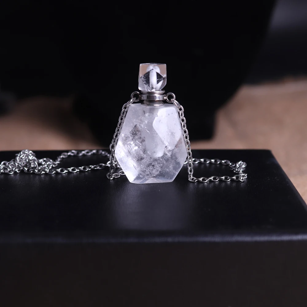 

1PC White Crystal Natural Gem Stone Hand-Carved Facet Reiki Pendant Healing Clear Quartz Perfume Bottle Necklace Jewelry Free