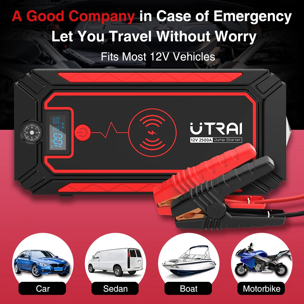 UTRAI Car Jump Starter 2500A Power Bank batteria per auto con  caricabatterie Wireless da 10W schermo LCD Safety Hammer Jump starter