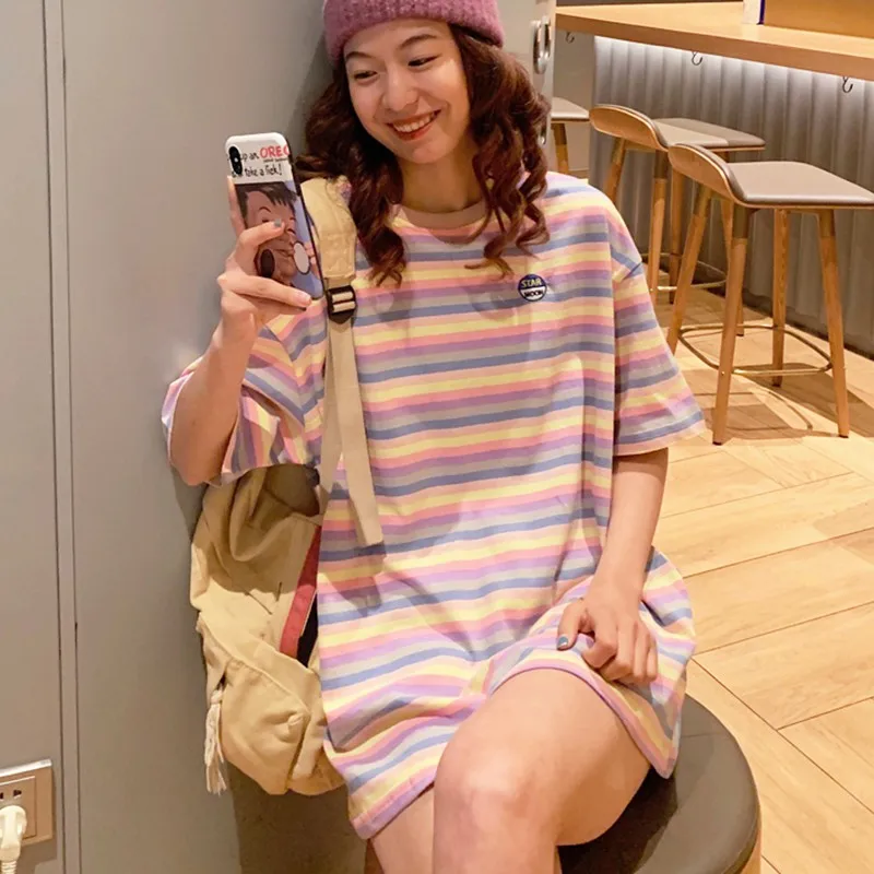 

Summer Pluis Size T Shirts Women Rainbow Striped Tops Preppy Style Fashion Round Neck Short Sleeve Long Tee