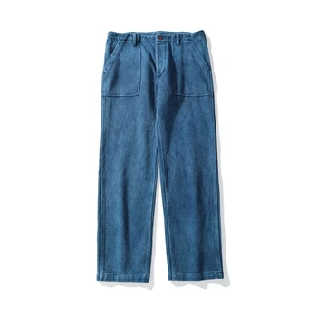 

Akkad Kuti Men's Pants Casual Retro Plant blue dyeing 100% Cotton Pant Mens Indigo Multi-pocket Cargo Pants Male Straight Style