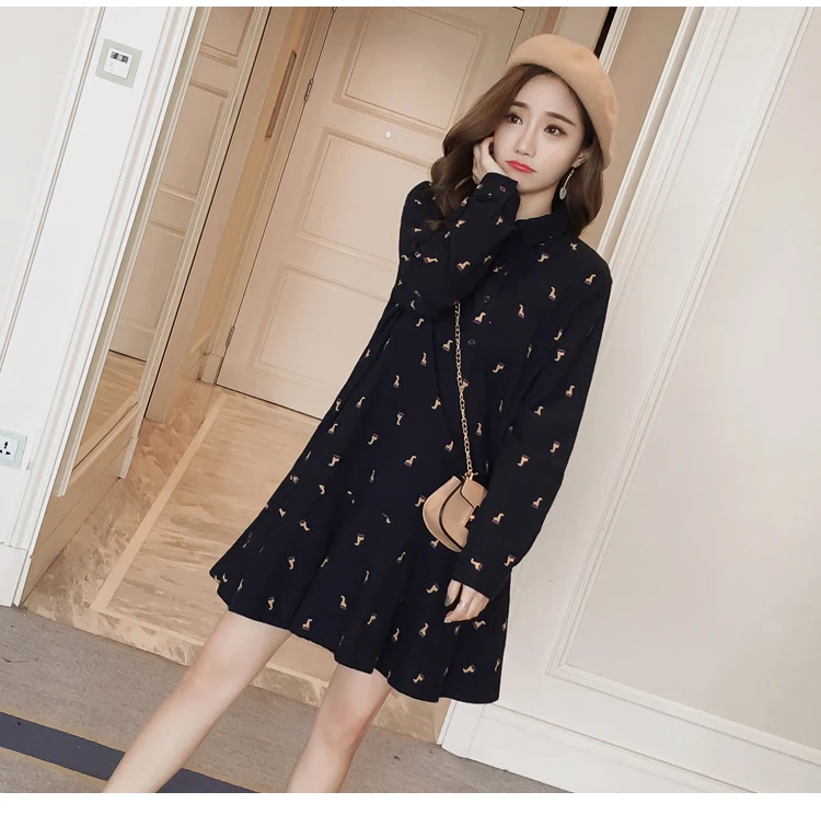 Pregnant Women Spring Cotton Dress Long Sleeve Turn-Down Collar Ruffles Patchwork Vintage Printed Maternity Shirts Fashion Dress