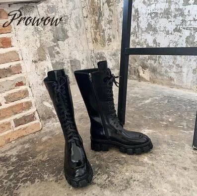 Prowow/новые ботинки из лакированной кожи на шнуровке; сезон осень-зима Модные женские ботинки с круглым носком на низком каблуке и молнии сбоку - Цвет: AS PIC