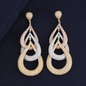 

High Quality AAA Cubic Zirconia Paved Trendy 3 waterdrops connect Pendant Earrings Women Drop Earrings boucle d'oreille femme
