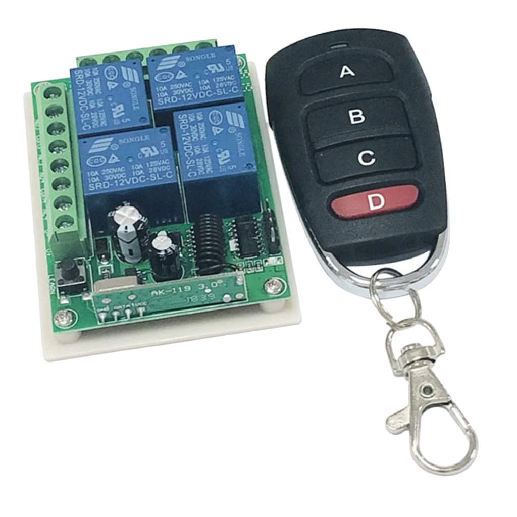 Wireless Remote Control Switch, 433MHZ Relay Receiver Module RF for Home Light/Lamp/Electronic Applicance, 433Mhz, (4 Buttons)