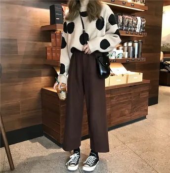 

Z Women Casual Wool Solid Color Loose Pants Wide Leg Loose Elastic High Waist Straight Casual Nine Pants 4 Colors M-XL