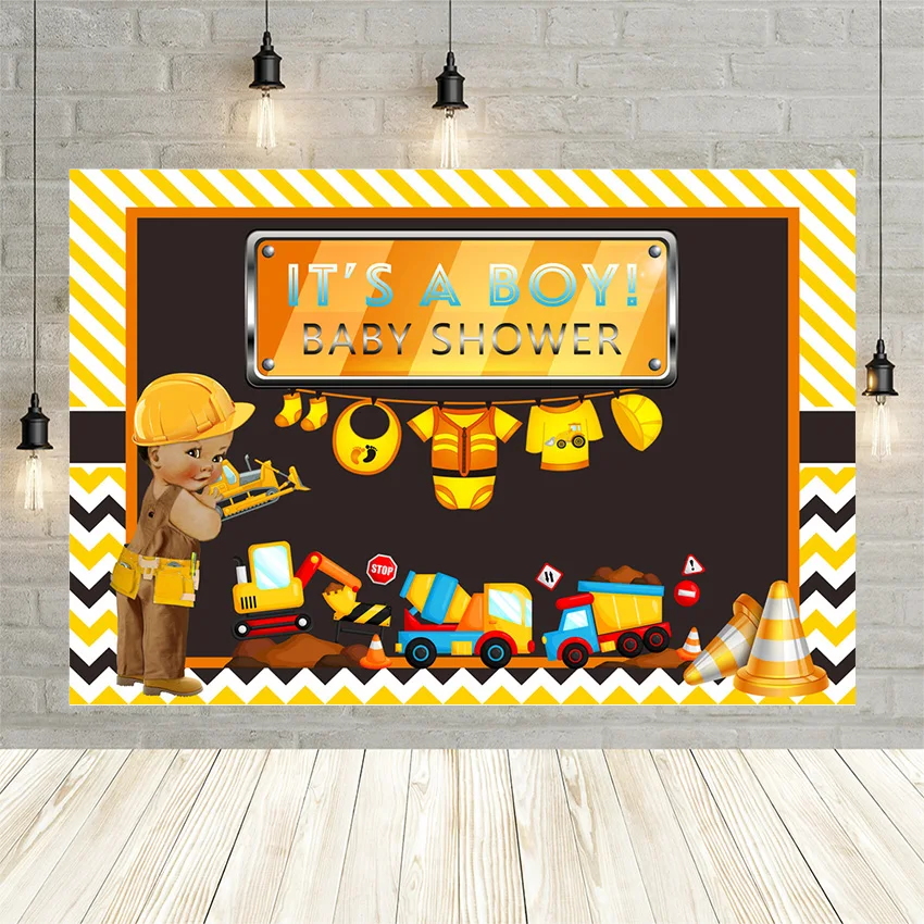 

Mehofond Construction Baby Shower Backdrop Stripe Dump Truck Boy Birthday Party Photography Background Photo Studio Decor Banner