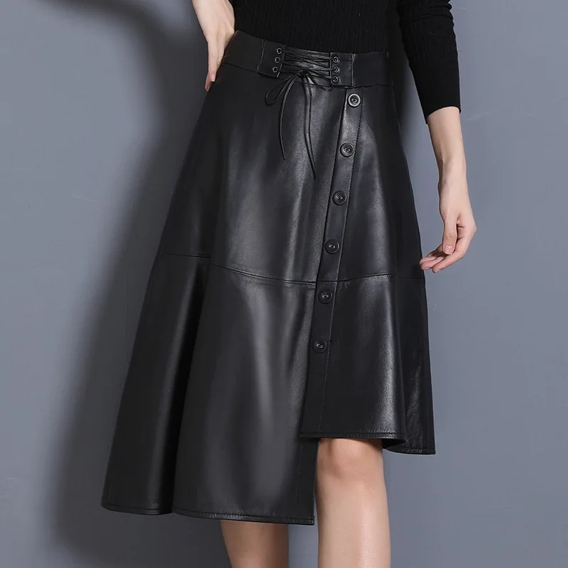 

Spring Autumn Wome's High-rise Leather Skirts New Designer High Quality Sheepskin Asymmetrical Skirt A274