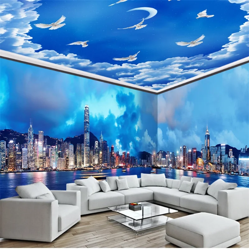 

wellyu Customized wallpaper 3d Hong Kong night view sea surface sky whole house background wall bedroom living room background