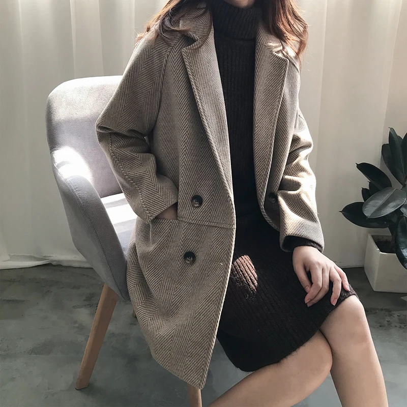 CamKemsey Women Winter Thick Warm Wool Blends Coats Office Lady Winter Down Cotton Padded Single Breasted Long Suits Coats