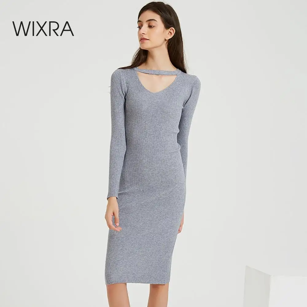 

Wixra Knitted Bodycon Dress 2019 Autumn Winter Solid Hollow Out Long Sleeve Knee-Length Sweater Dresses
