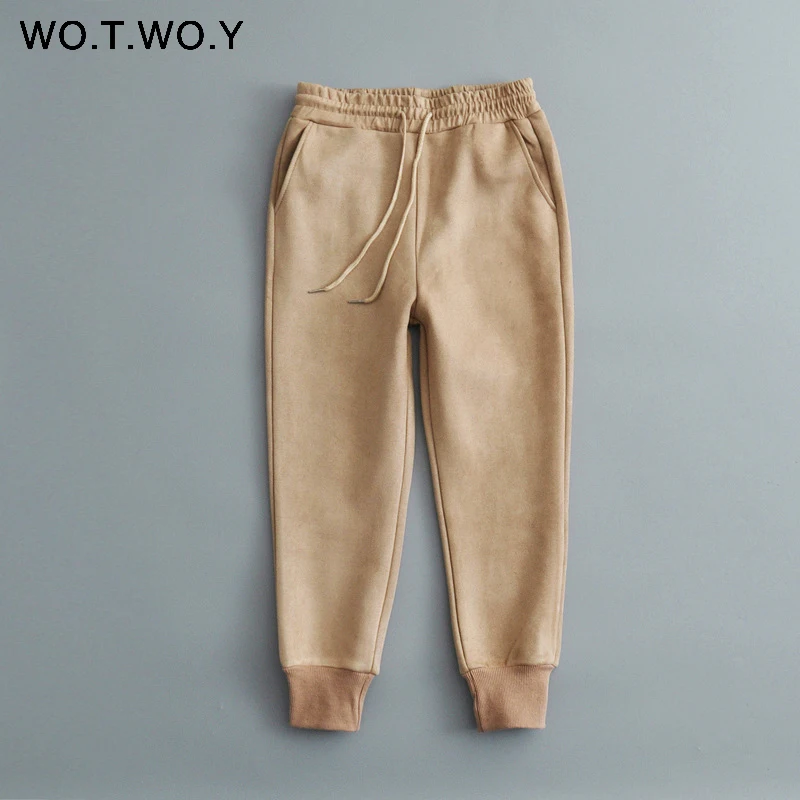 P19276Khaki WOTWOY повседневные женские штаны белого цвета и цвета хаки, штаны с высокой талией и карманами, зимние женские штаны, плотные теплые женские штаны для бега - Цвет: P19276Khaki