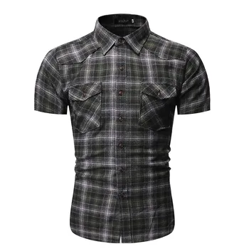 

Casual Shirt Personality Plaid Loose Short Sleeve Blouse Male Fashion Slim Pocket Shirts Summer New Arrival