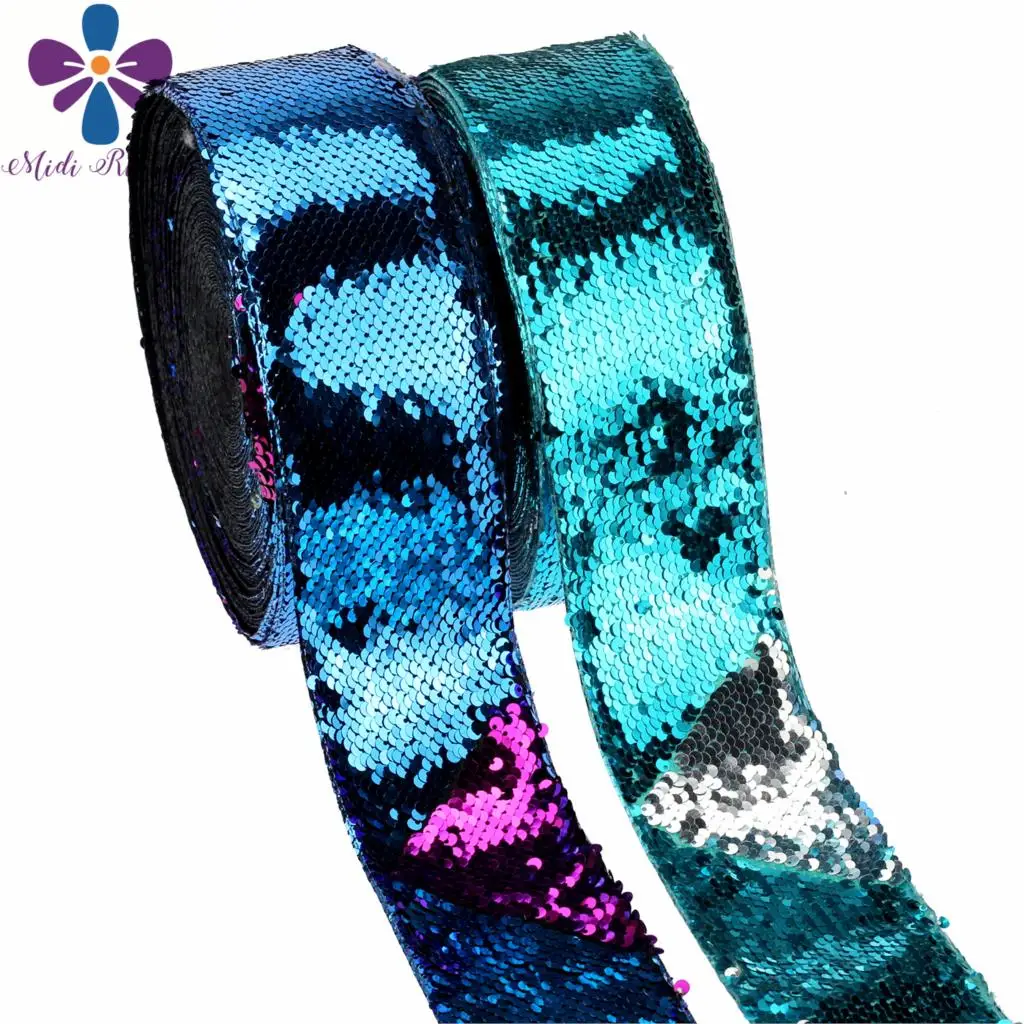 

3"75mm Solid Color Double Reversible Sequin Ribbon Blue Silver Turquoise DIY Party Gift Bowknots Stock Ribbon 25yards/roll