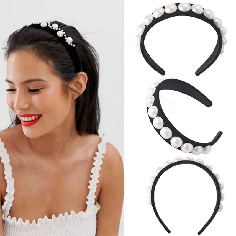

Ladies Bride Wedding Wide Headband Semicircle Imitation Pearl Beading Hair Hoop Velvet Jewelry Banquet Prom Styling Headwear