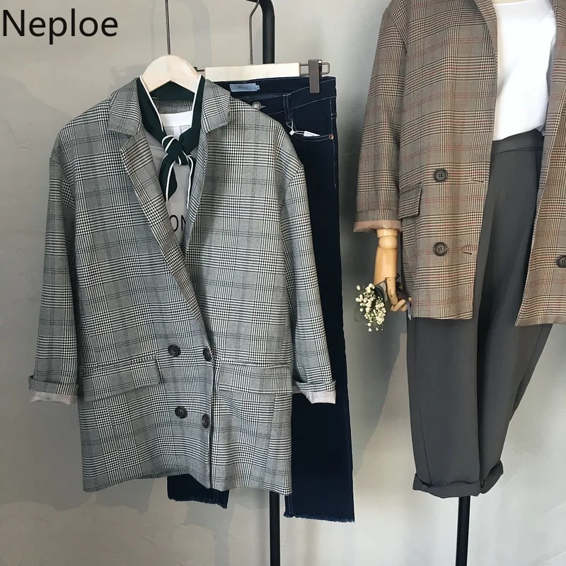 

Neploe Korean Retro Plaid Women Small Suit Jacket Autumn New Loose Wild Double Breasted Blazer Preppy Style Simple Jacket 45897