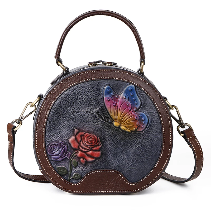 Женская маленькая сумка-тоут из натуральной кожи, сумка-мессенджер, Цветочная Ретро сумка из натуральной кожи, круговая женская сумка, сумки через плечо - Цвет: Black