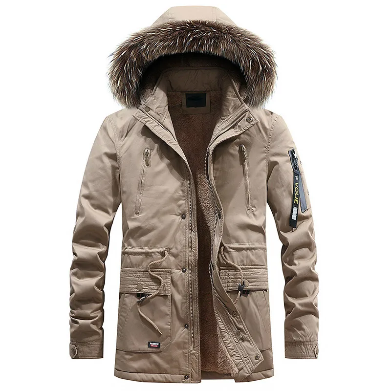 

New Winter Jacket Men Winter Fur Collar Hooded Long Jacket Parkas Men Warm Fleece Thick Cotton Outdoor Men Jackets and Coats