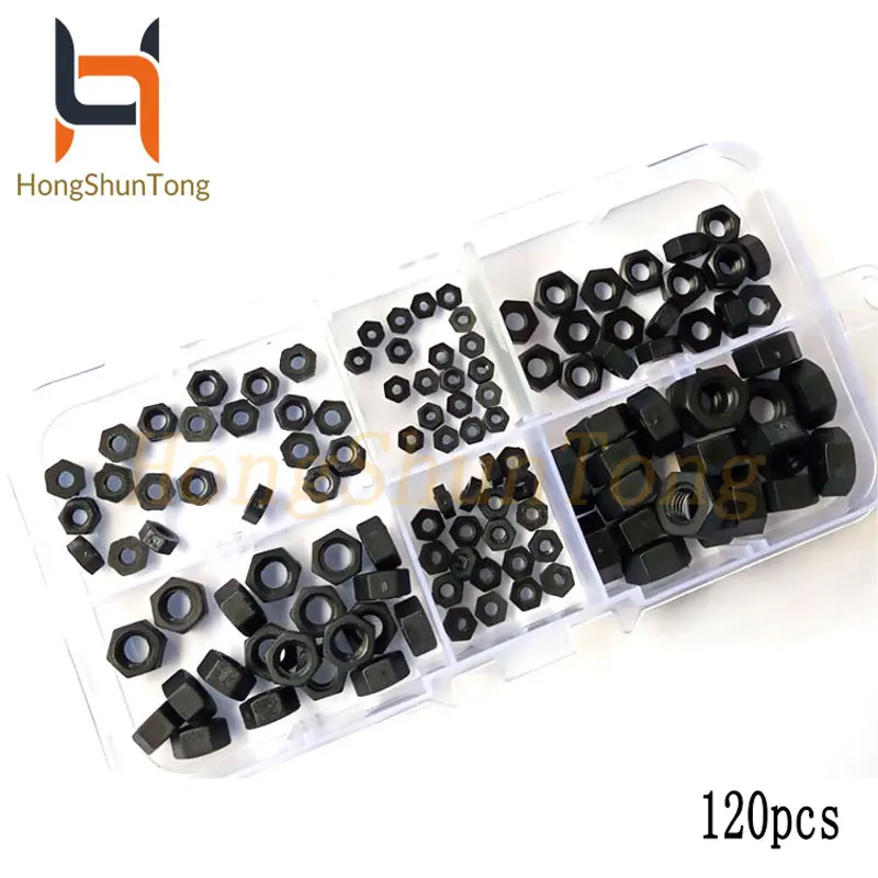 

120pcs/set M2M2.5M3M4M5M6 Hexagon Nylon Nuts / black hex Nylon nut Assortment Kit Box Plastic nut set