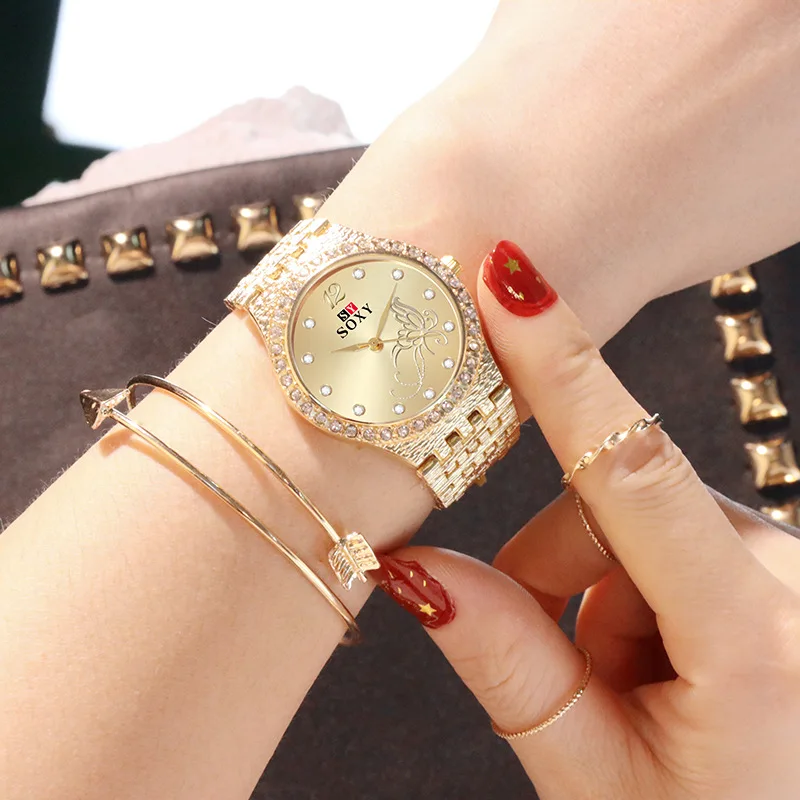Изысканные повседневные женские часы, модные женские часы с бриллиантами, новые роскошные женские часы-браслет, женские часы с цветком и бабочкой