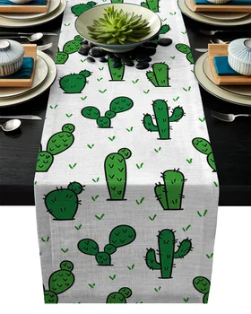 

Cartoon Green Cactus Plant Green Table Runner Modern Linen Cotton Tablecloth Home Wedding Party Dinning Table Decor