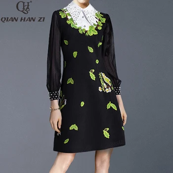 

Qian Han Zi 2020 spring summer designer fashion women dress Lapel beading high quality crystal embroidered party dress