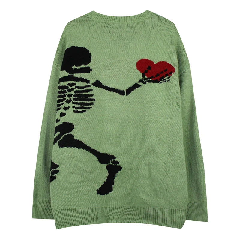 Oversized Sweater Men Green Skeleton Heart Print Vintage Loose Knitted