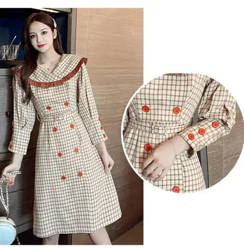 

2020 French Style Plaid Wind Women's Dress Vestidos Elegantes Long Sleeve Dresses Preppy Style Button Ladies Dresses Slim Sashes