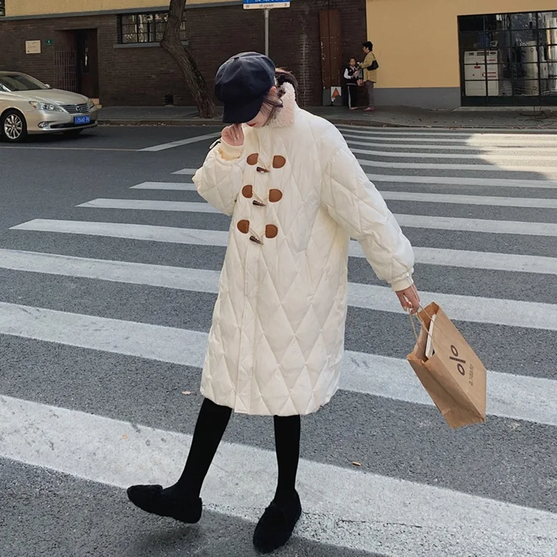 

Photo Shoot CHIC Graceful Rhombus Mint Green Mid-length Fold-down Collar Toggle Lambs Wool Joint Cotton Coat Coat Women's