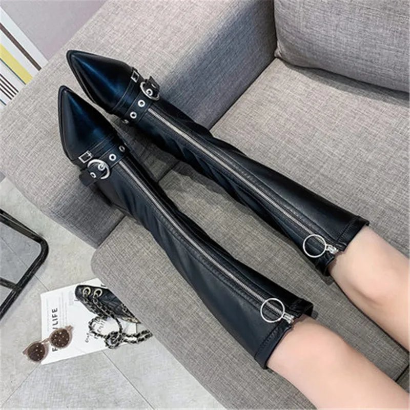 

Front Zipper Concise Sewing Women Knee High Boots Pointed Toe Med Square Heel Autumn Winter Boots Solid Party Ladies Shoes