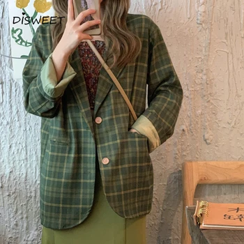 

Korean Retro Green Suit Woman Commuter Long Sleeve Suit Collar Autumn Suit Jacket Ladies Casual Loose Slim Plaid Suit Women 2019