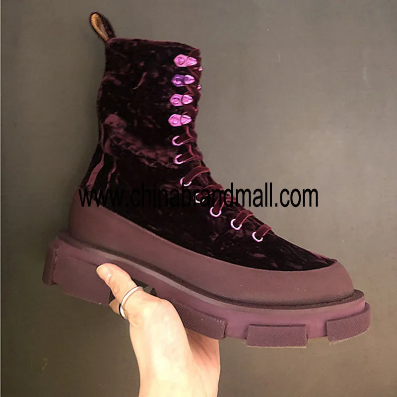 

Lace Up Punk women's boots High Heels Martin boots Round Toe Short boots thick Heel velvet booties Army military Women Shoes