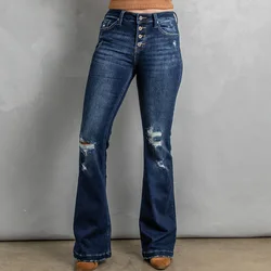 Calças de brim femininas de inverno novo estilo rasgado calças femininas casual fino calças de brim de cintura alta para mulher calças de brim de cintura alta