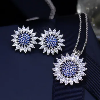

Lovely Summer Flower Blue CZ Crystal Fashion Earring and Necklace Pendant Jewelry Set for Women
