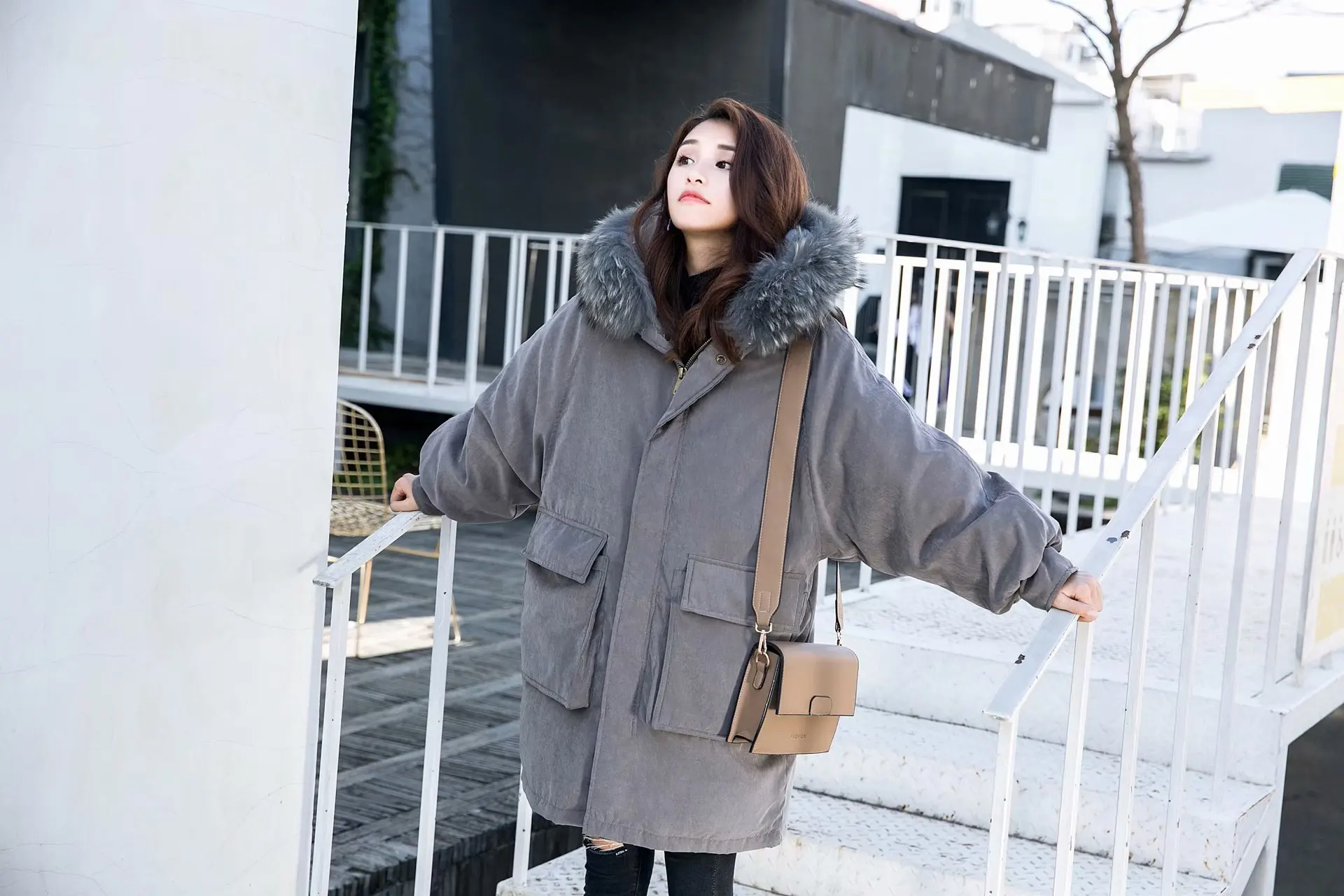 

SW Winter New Style Korean-style Thick Loose-Fit Large Fur Collar Hooded Peach Skin down Coat Student Cotton Overcoat