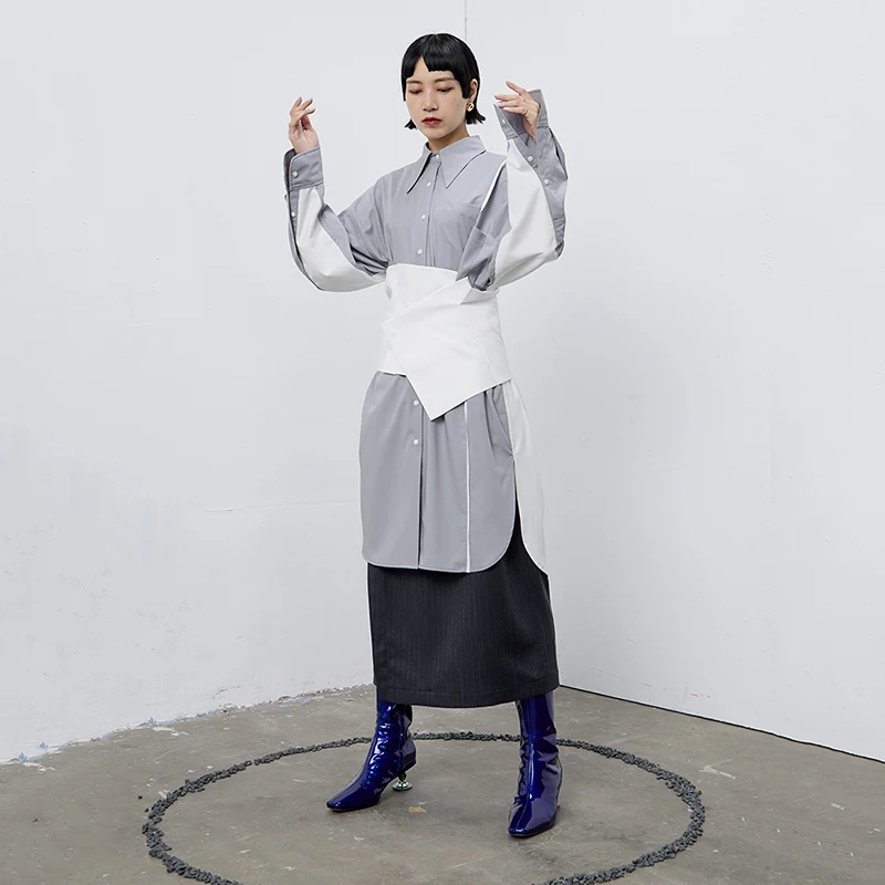 [EAM] Women Gray Blue Striped Split Big Size